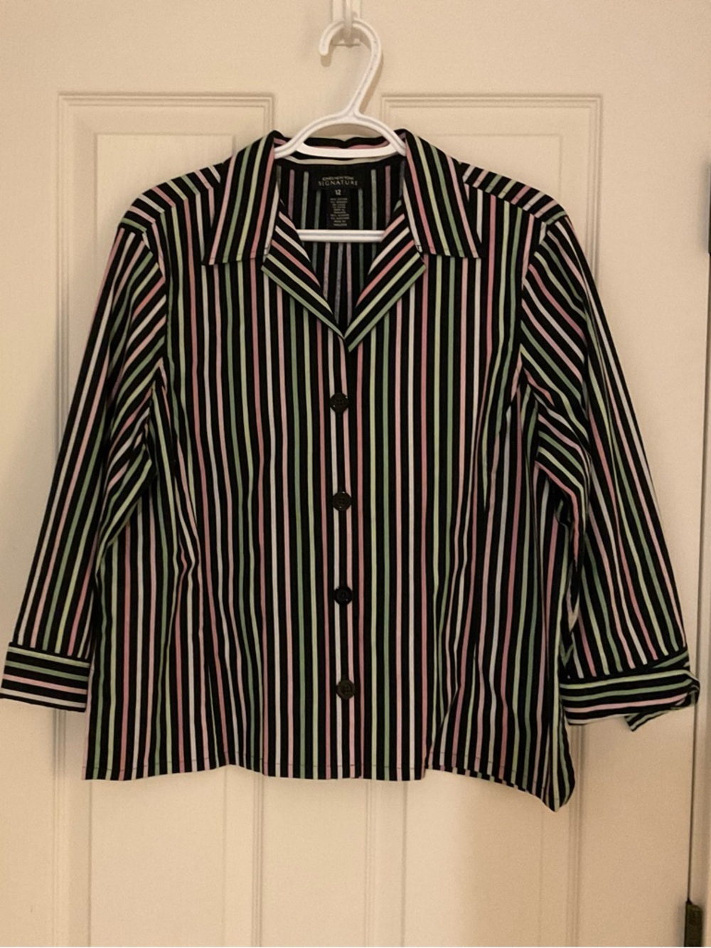 Jones New York Signature Black Blouse with Pink & Mint Stripes